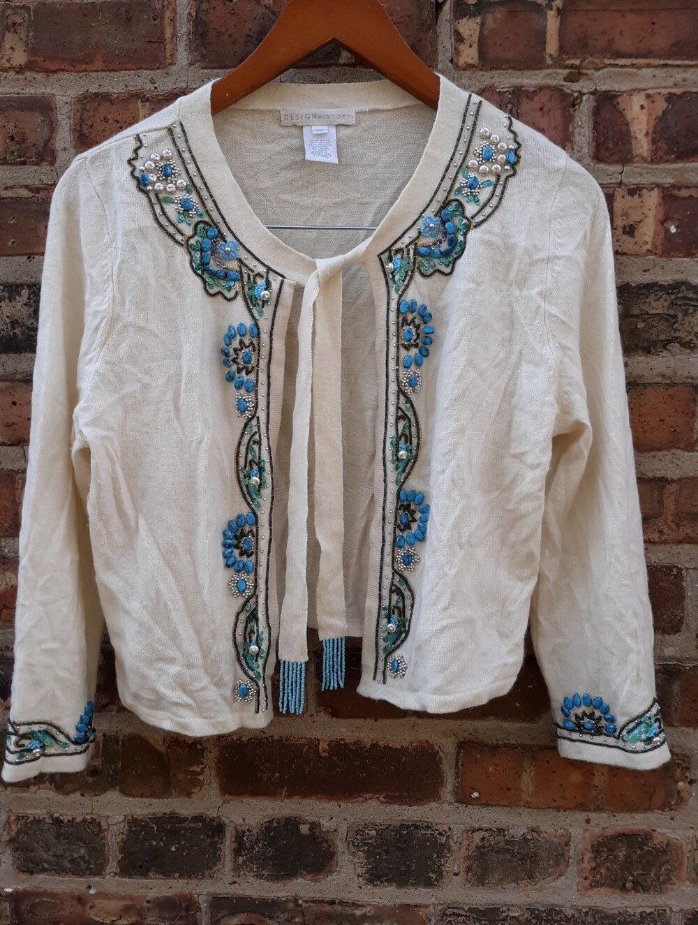 Design History Cashmere Angora Blend Cardigan Turquoise Beaded Cream Crop XL